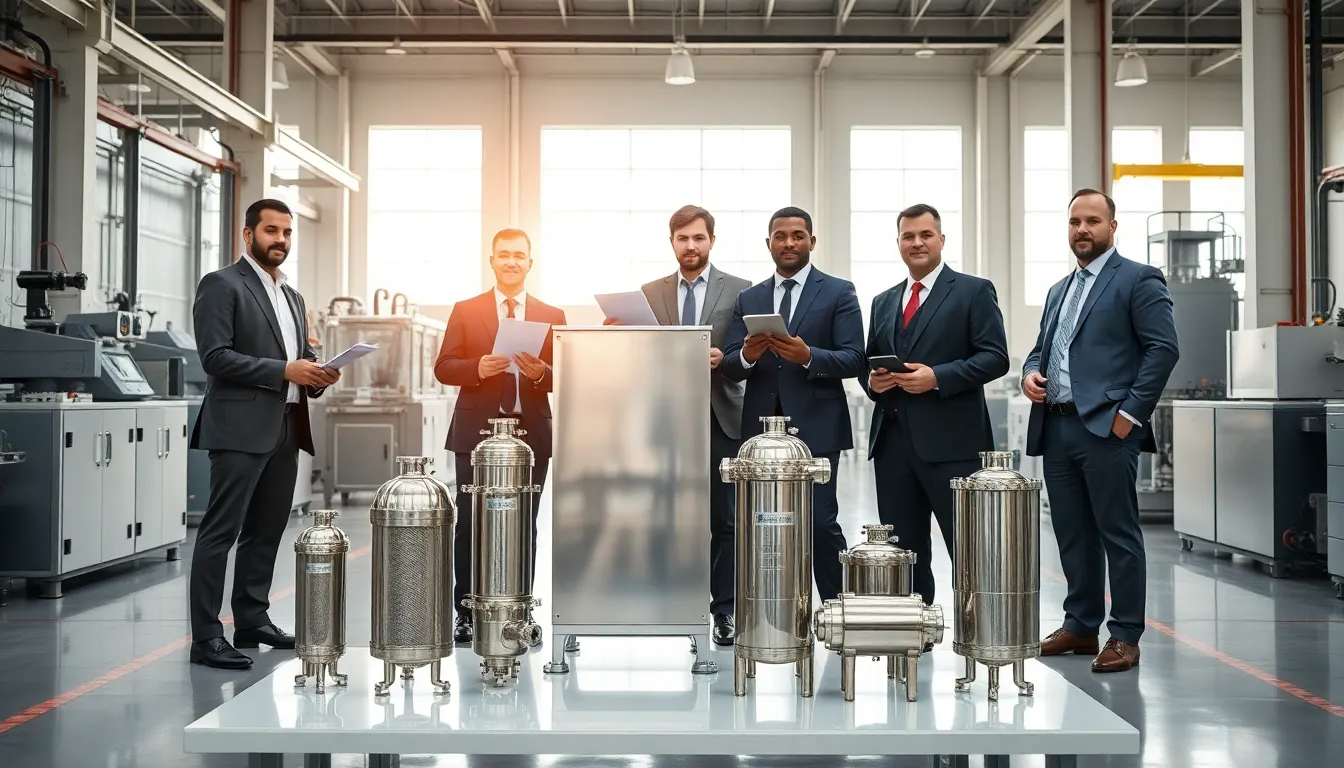 business team with stainless steel filters in a modern manufacturing facility